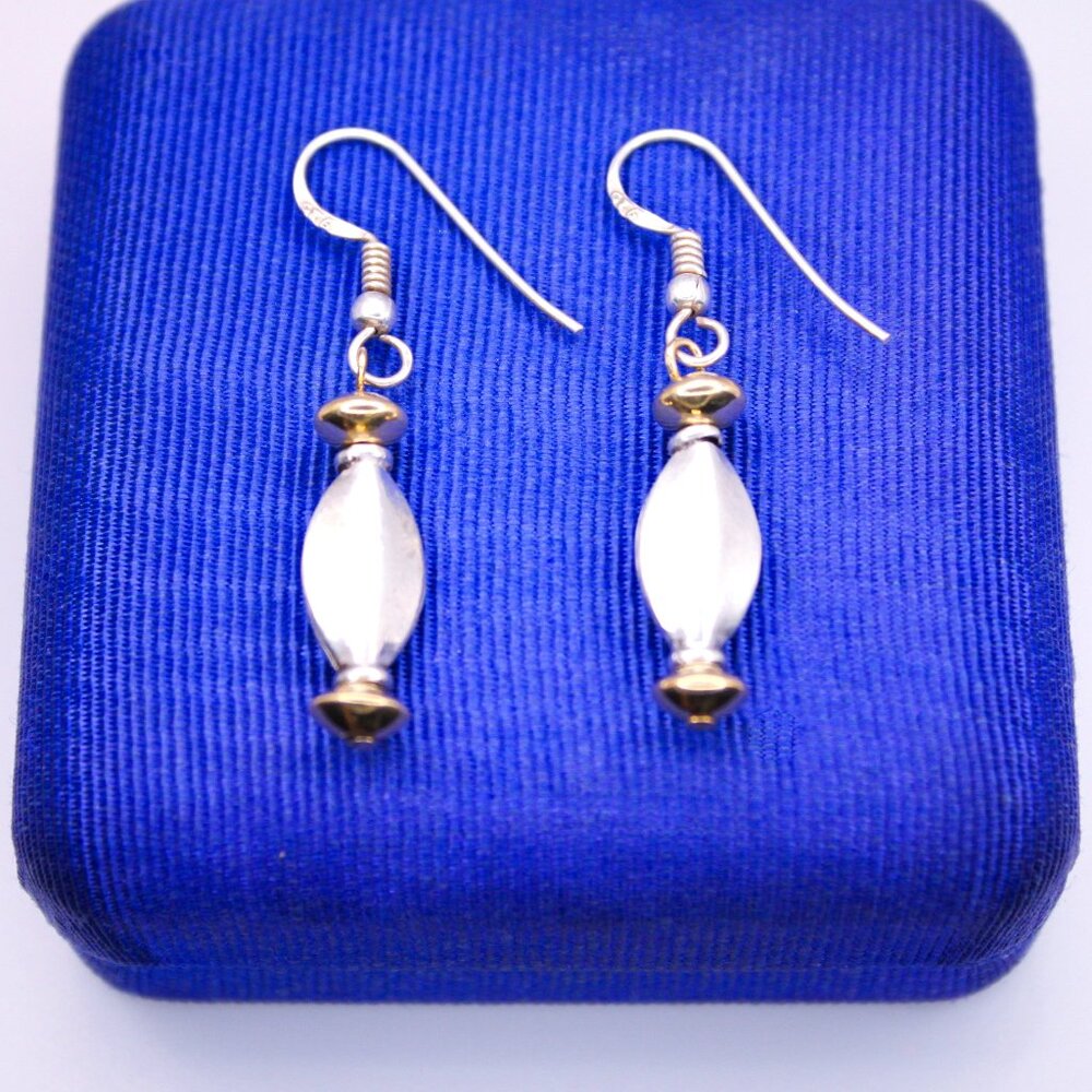 Vintage 925 Sterling Silver 14K Gold Southwestern Beaded Dangle Drop Earrings